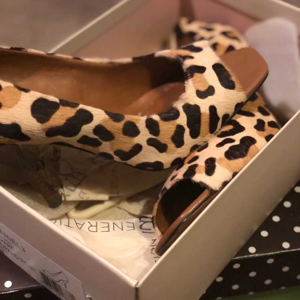 BCBG leopard peep toe heels